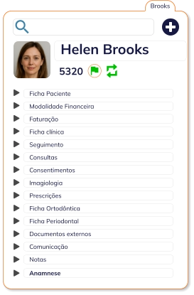 Brooks  Ficha Paciente Modalidade Financeira  Faturação Ficha clínica Consultas Seguimento Consentimentos Documentos externos Ficha Periodontal Ficha Ortodôntica Comunicação Notas Imagiologia Prescrições Helen Brooks Anamnese 5320